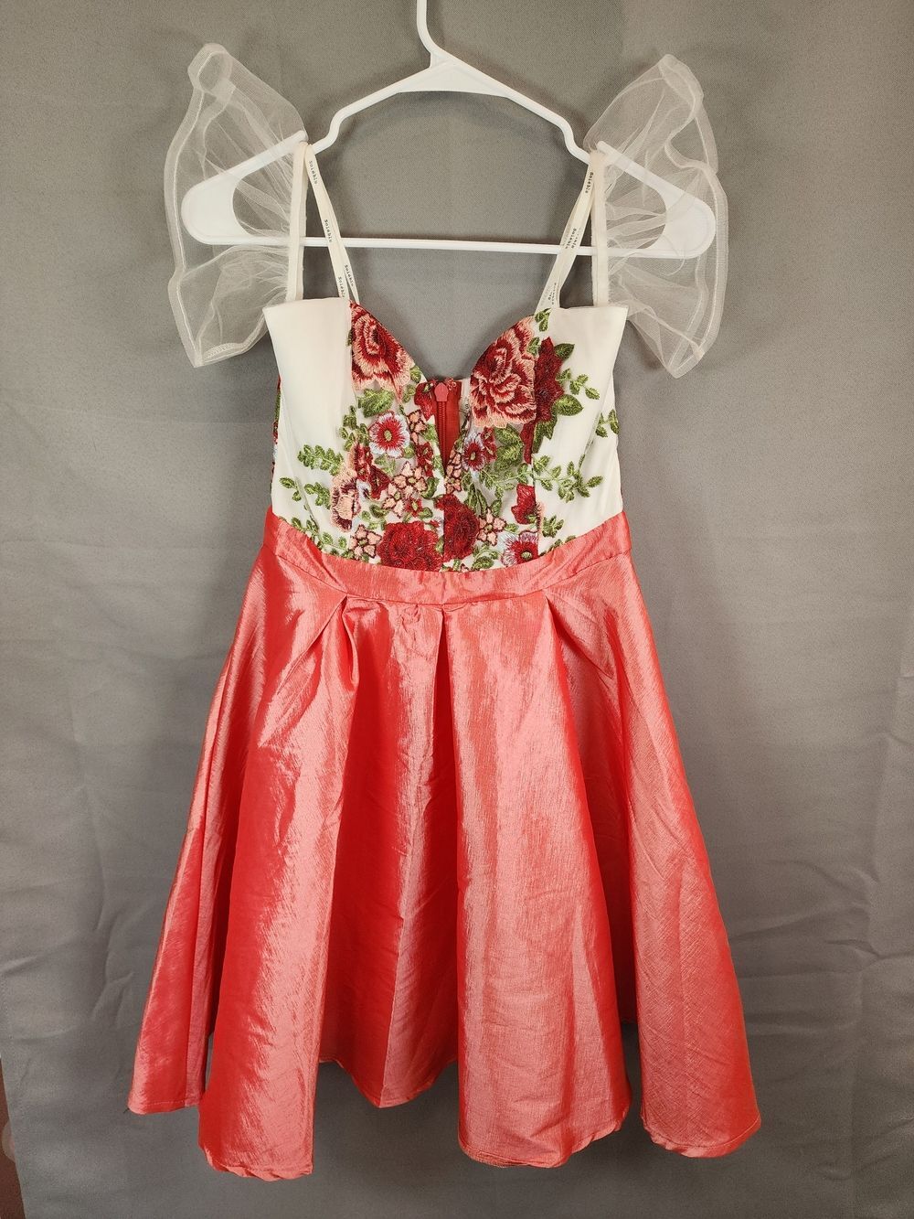 Soieblu Strapless Floral Embroidered White and Coral Party Dress